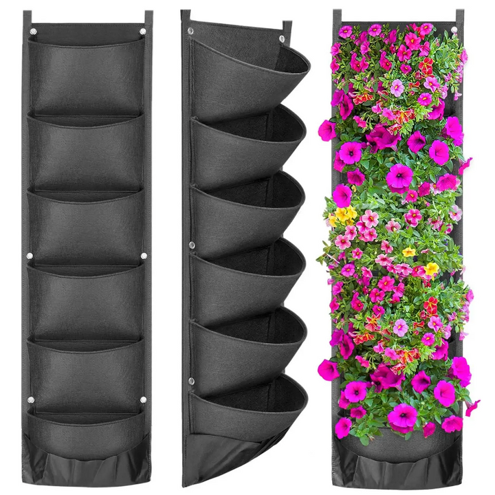 Vasos de flores verticales suspensos para jardín.