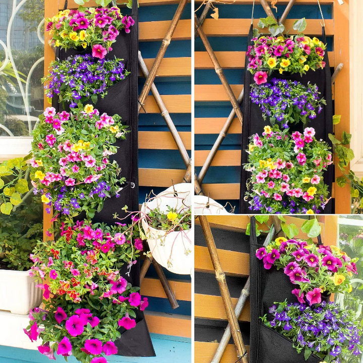 Vasos de flores verticales suspensos para jardín.