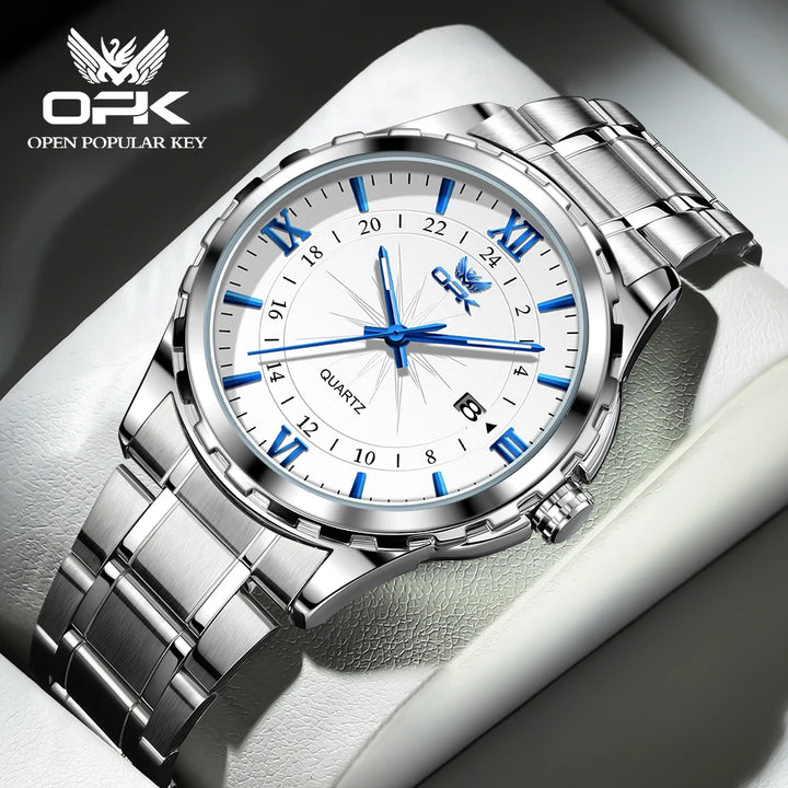 Reloj de cuarzo para hombre con calendario dual y correa de acero marca OPK 6003