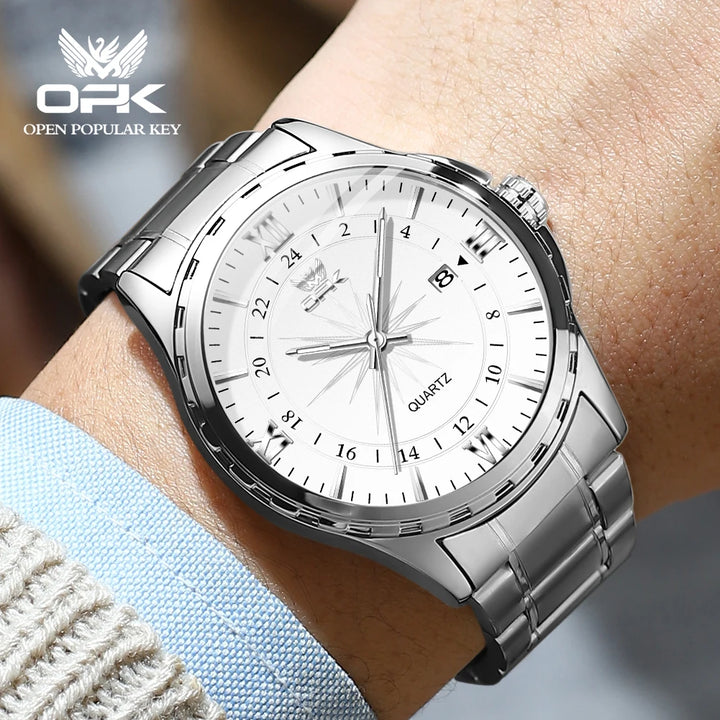 Reloj de cuarzo para hombre con calendario dual y correa de acero marca OPK 6003