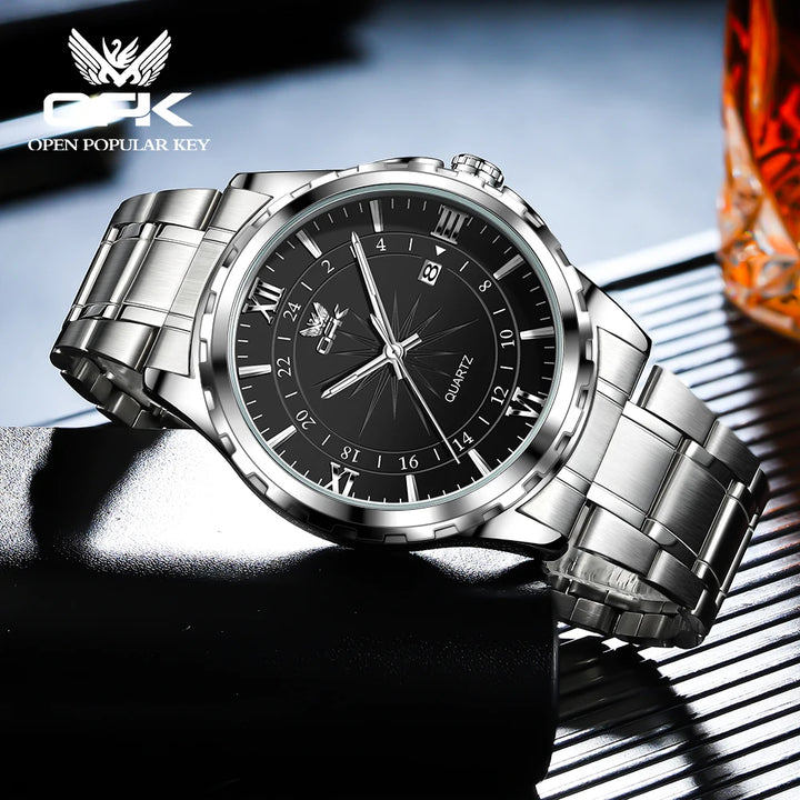 Reloj de cuarzo para hombre con calendario dual y correa de acero marca OPK 6003