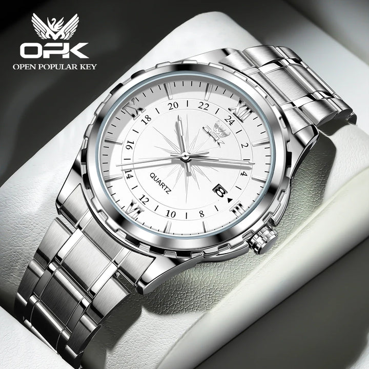 Reloj de cuarzo para hombre con calendario dual y correa de acero marca OPK 6003