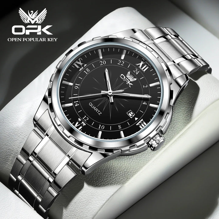 Reloj de cuarzo para hombre con calendario dual y correa de acero marca OPK 6003