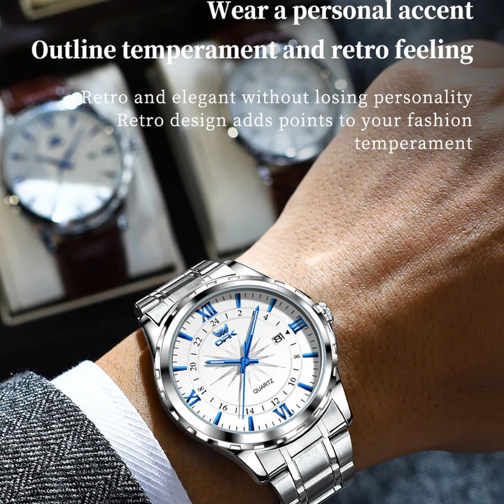 Reloj de cuarzo para hombre con calendario dual y correa de acero marca OPK 6003