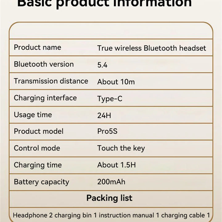 Auriculares inalámbricos Bluetooth Pro5S, miniauriculares estéreo portátiles para algunos juegos, deportivos, con reducción de ruido y batería de larga duración.