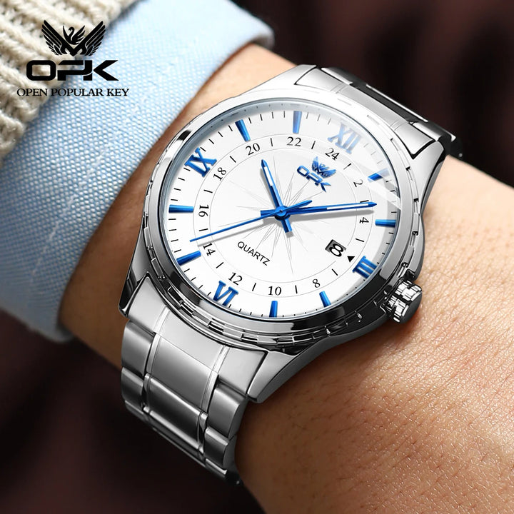 Reloj de cuarzo para hombre con calendario dual y correa de acero marca OPK 6003